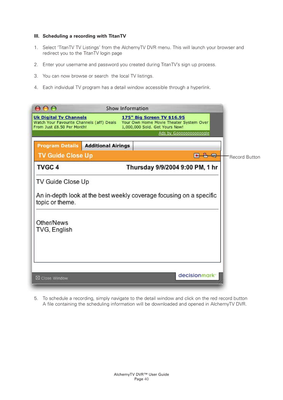 Miglia Technology AlchemyTV DVR manual III. Scheduling a recording with TitanTV 