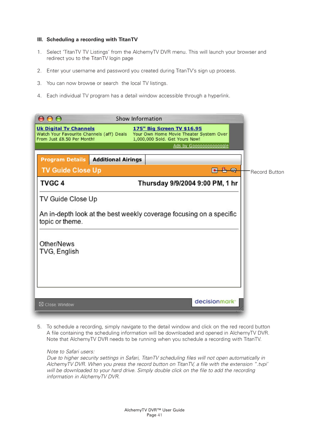 Miglia Technology AlchemyTV manual III. Scheduling a recording with TitanTV 