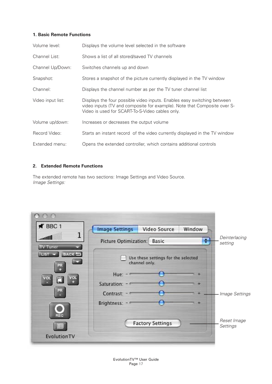 Miglia Technology EvolutionTV manual Basic Remote Functions, Extended Remote Functions 