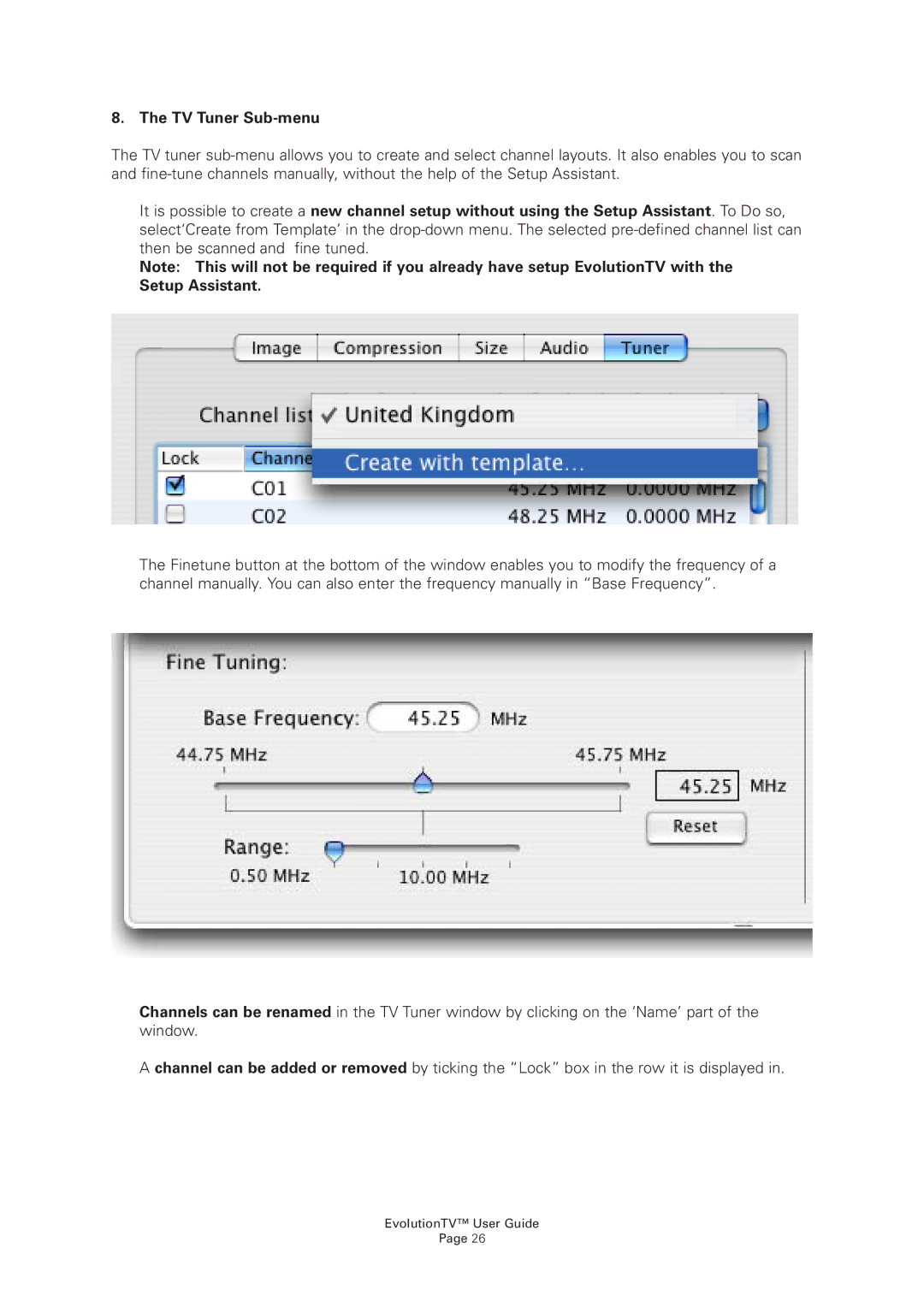 Miglia Technology EvolutionTV manual TV Tuner Sub-menu 