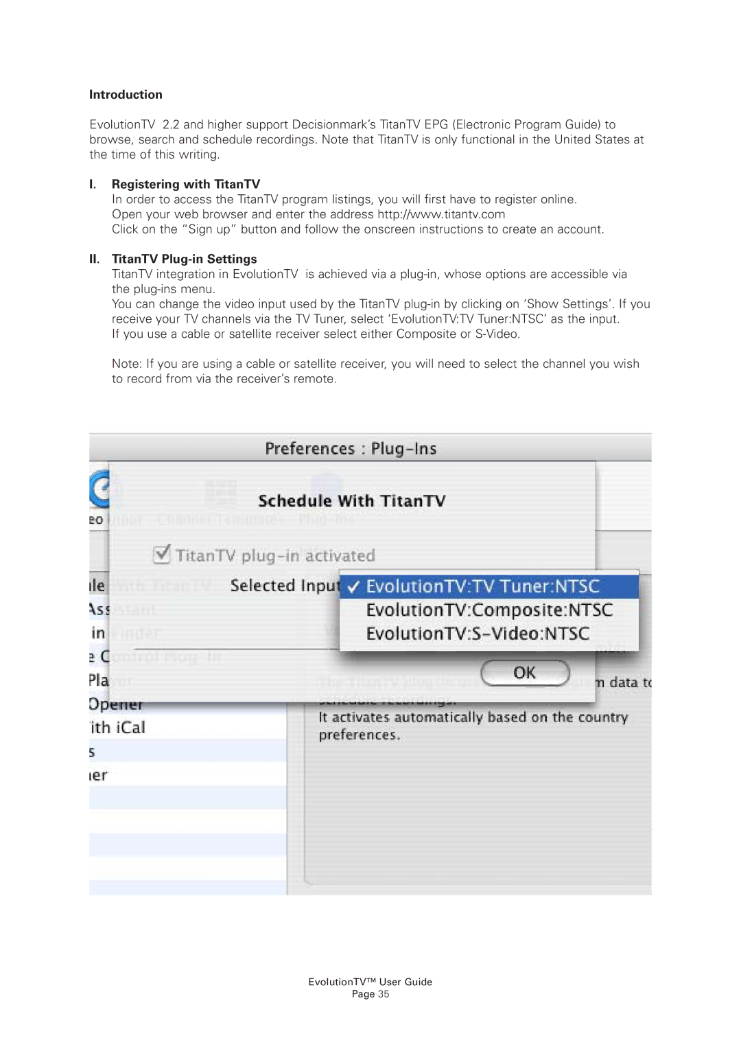 Miglia Technology EvolutionTV manual Registering with TitanTV, II. TitanTV Plug-in Settings 