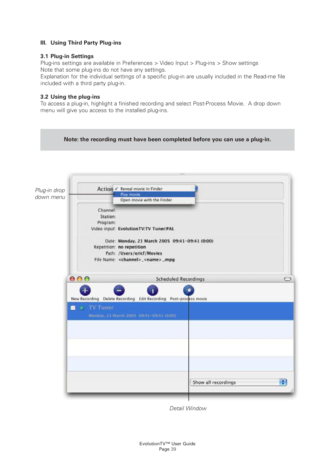 Miglia Technology EvolutionTV manual III. Using Third Party Plug-ins Plug-in Settings, Using the plug-ins 