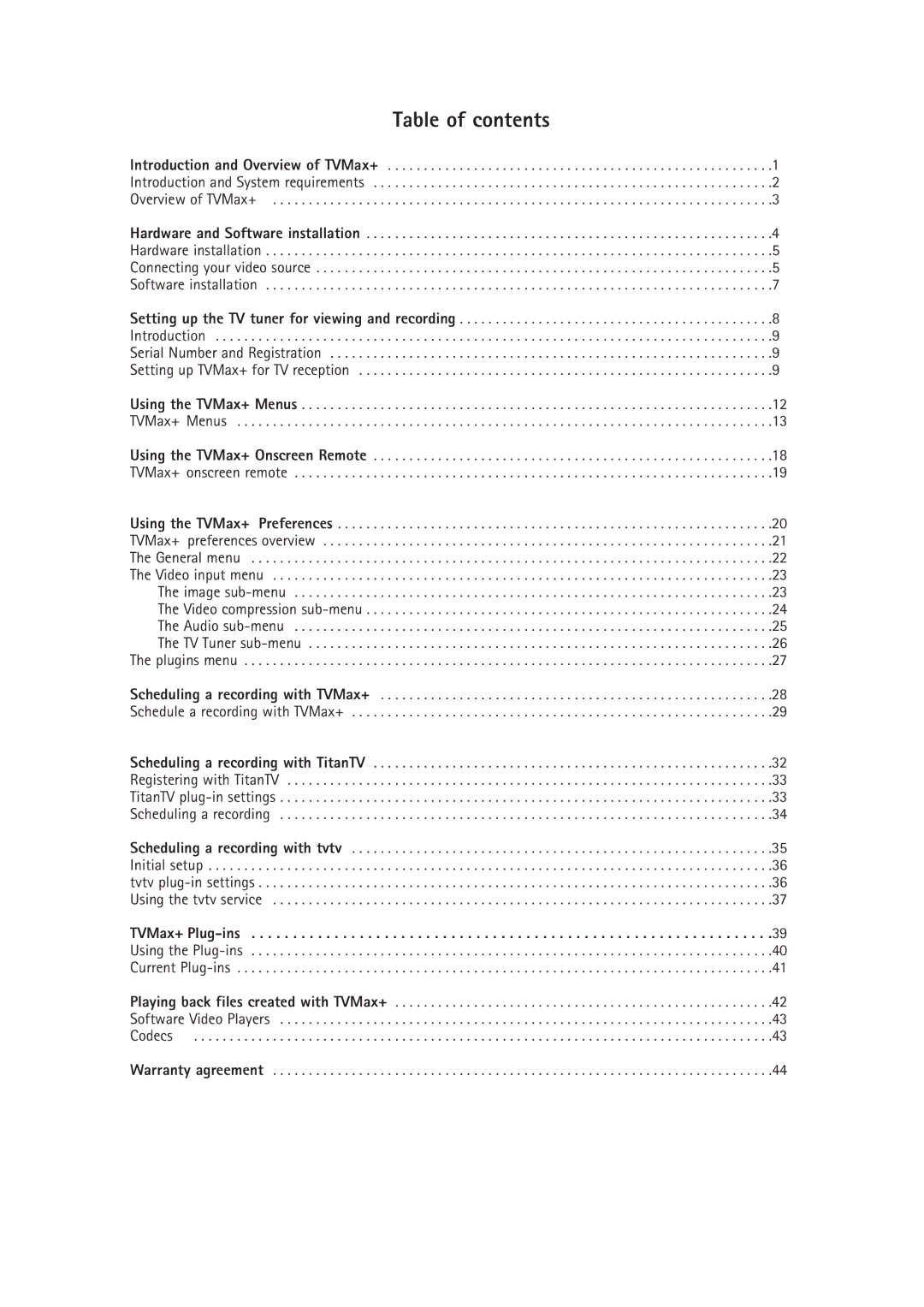 Miglia Technology TV Max+ manual Table of contents 