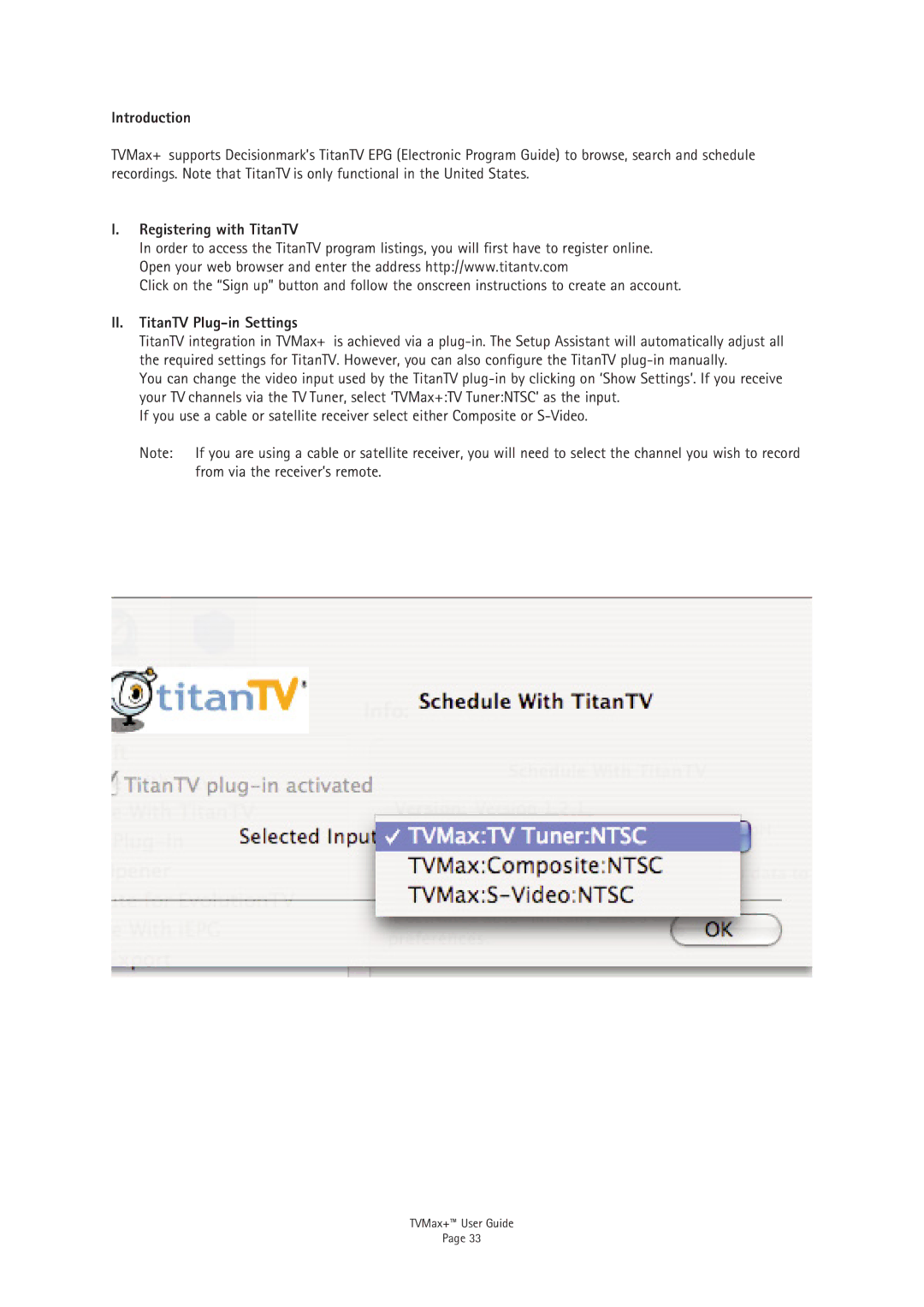 Miglia Technology TV Max+ manual Registering with TitanTV, II. TitanTV Plug-in Settings 