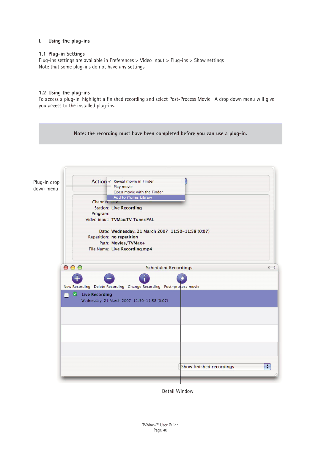 Miglia Technology TV Max+ manual Using the plug-ins Plug-in Settings 