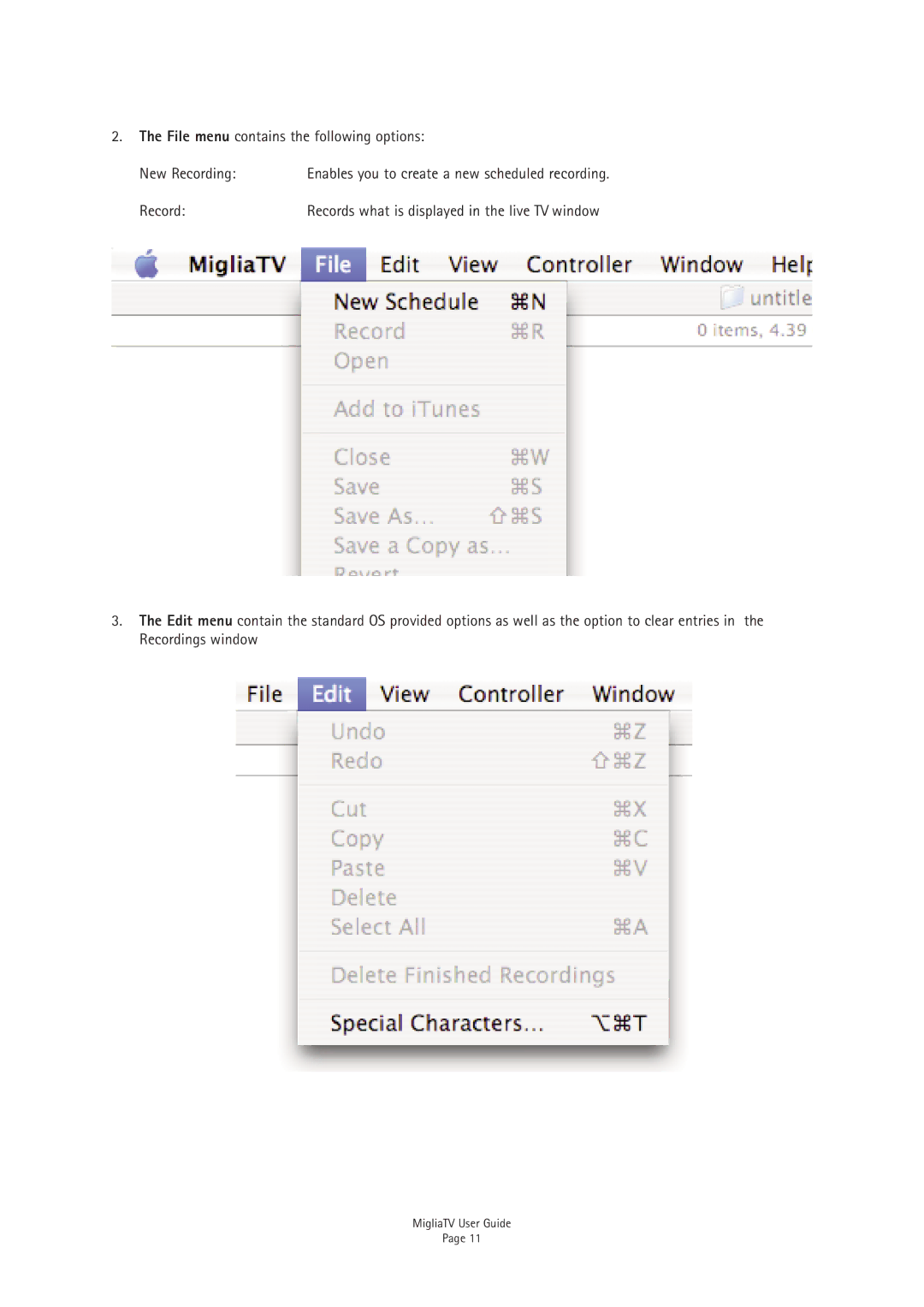 Miglia Technology TV Tuner manual File menu contains the following options New Recording 