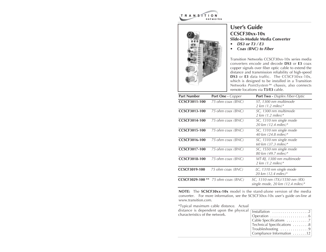 Milan Technology CCSF30XX-100 specifications Slide-in-Module Media Converter 