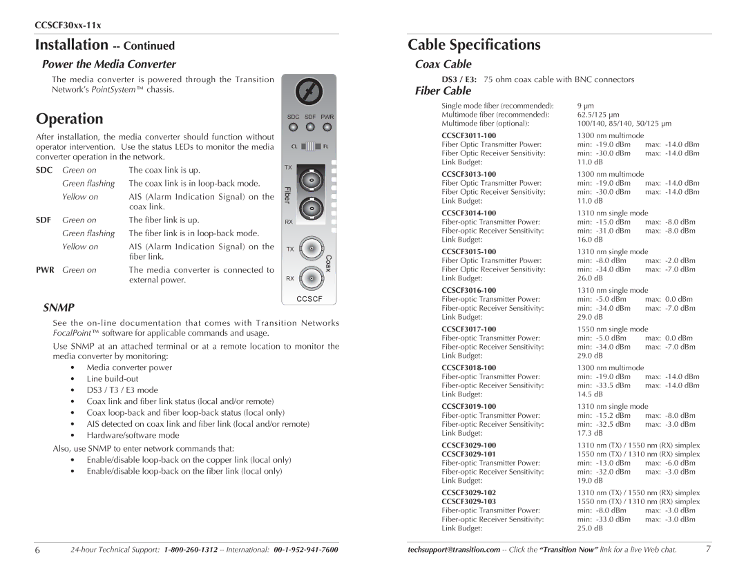 Milan Technology CCSF30XX-100 Cable Specifications, Operation, Power the Media Converter, Coax Cable, Fiber Cable 