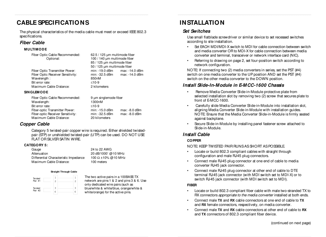 Milan Technology CERTXFX01(SC), CERTXFX01(SM) instruction manual Cable Specifications, Installation 