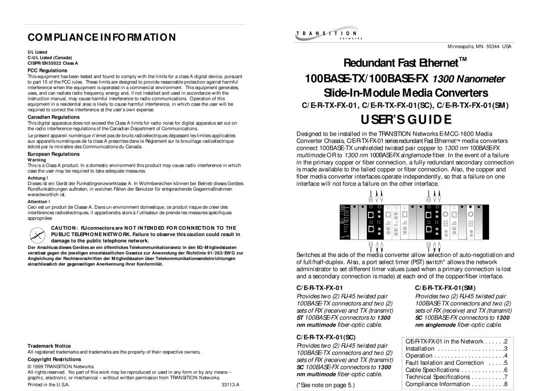Milan Technology CERTXFX01(SC) instruction manual Compliance Information, User’S Guide, Redundant Fast Ethernet 