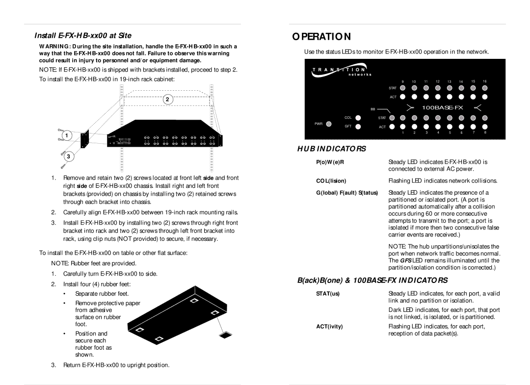 Milan Technology E-FX-HB-0800, E-FX-HB-1600 Operation, Install E-FX-HB-xx00 at Site, BackBone & 100BASE-FX Indicators 