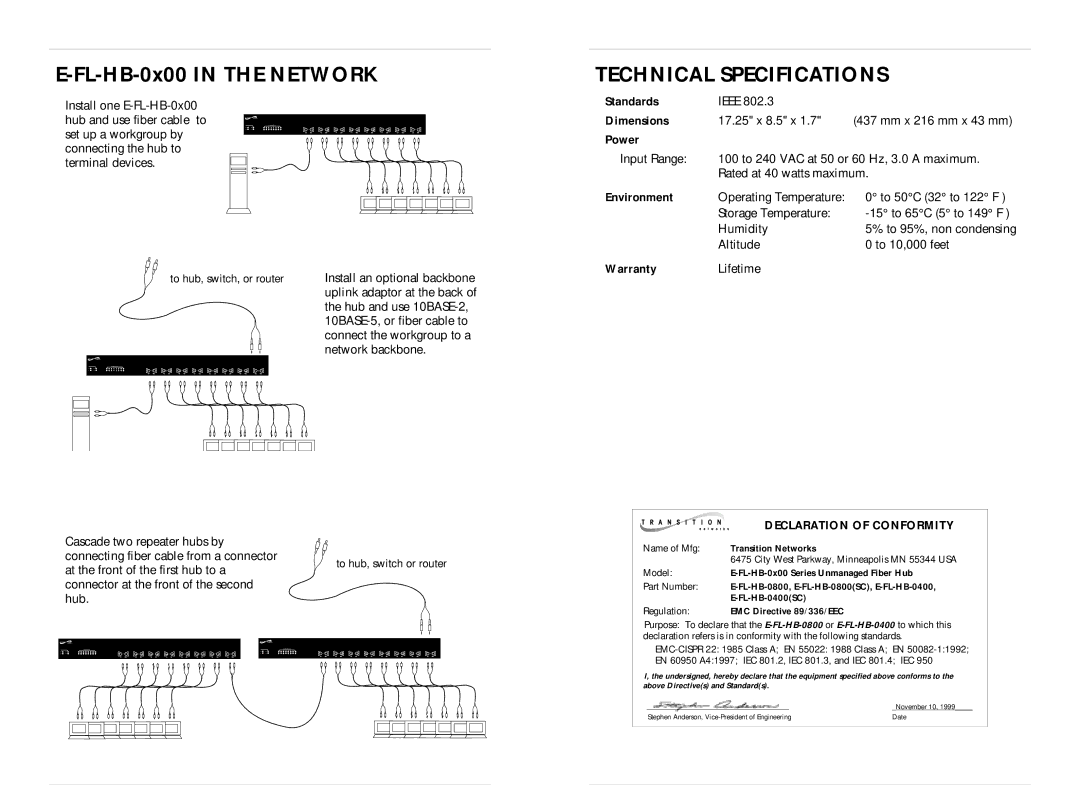 Milan Technology EFLHB0X00, E-FL-HB-0400 specifications Technical Specifications, Declaration of Conformity 