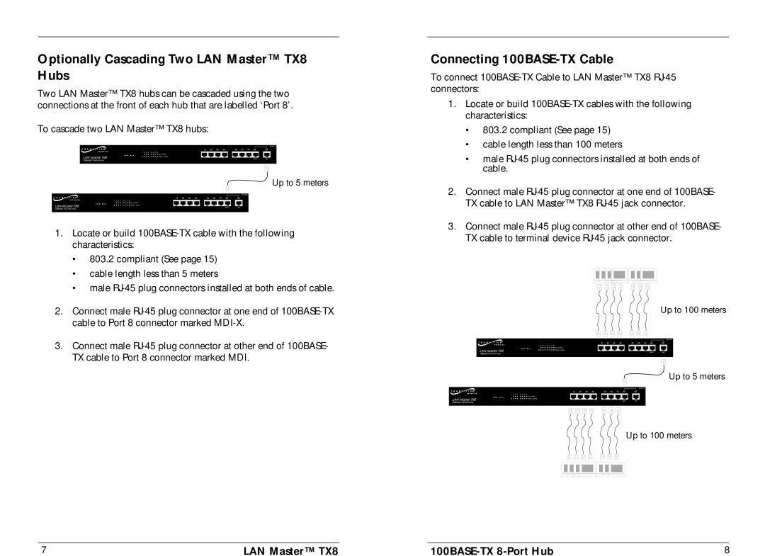 Milan Technology HB-E-TX-8 manual Optionally Cascading Two LAN Master TX8 Hubs, Connecting 100BASE-TX Cable 