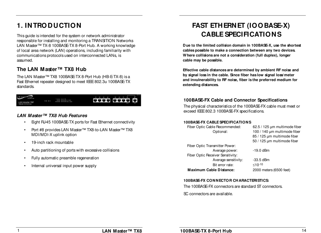 Milan Technology HB-E-TX-8 manual Introduction, Fast Ethernet IOOBASE-X Cable Specifications, LAN Master TX8 Hub 