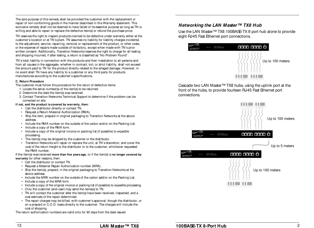Milan Technology HB-E-TX-8 manual Networking the LAN Master TX8 Hub, Return Procedure 
