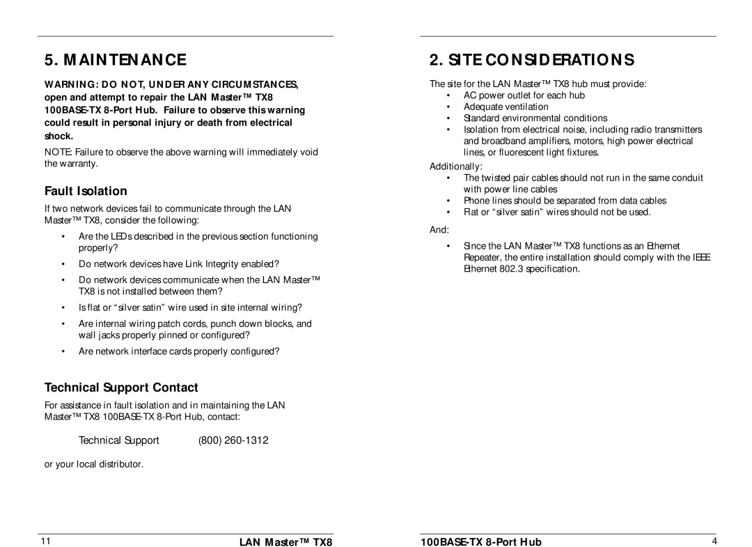 Milan Technology HB-E-TX-8 manual Maintenance, Site Considerations, Fault Isolation, Technical Support Contact 