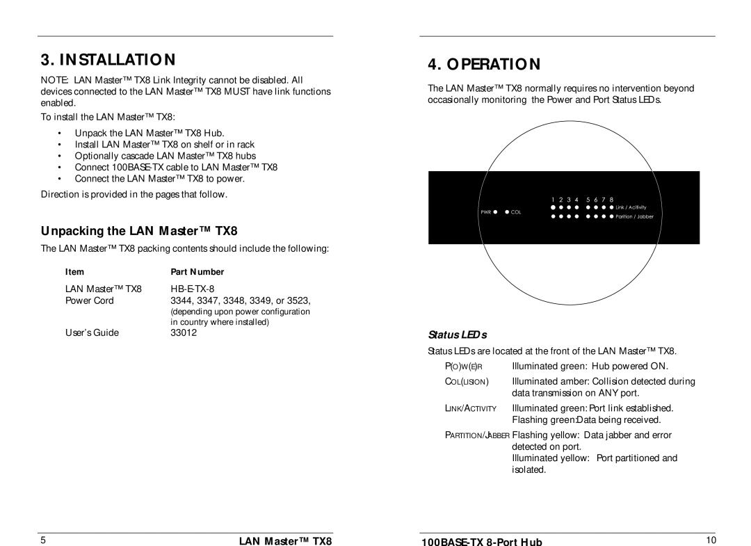 Milan Technology HB-E-TX-8 manual Installation, Operation, Unpacking the LAN Master TX8, Part Number 