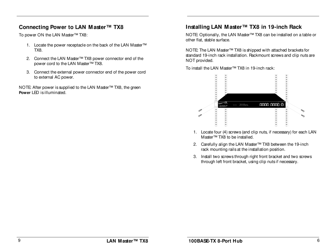 Milan Technology HB-E-TX-8 manual Connecting Power to LAN Master TX8, Installing LAN Master TX8 in 19-inch Rack 