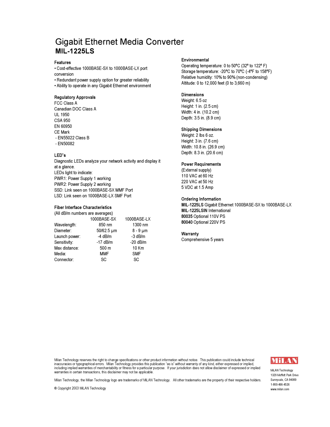 Milan Technology MIL-1225LS manual Features, Regulatory Approvals, LED’s, Fiber Interface Characteristics, Environmental 