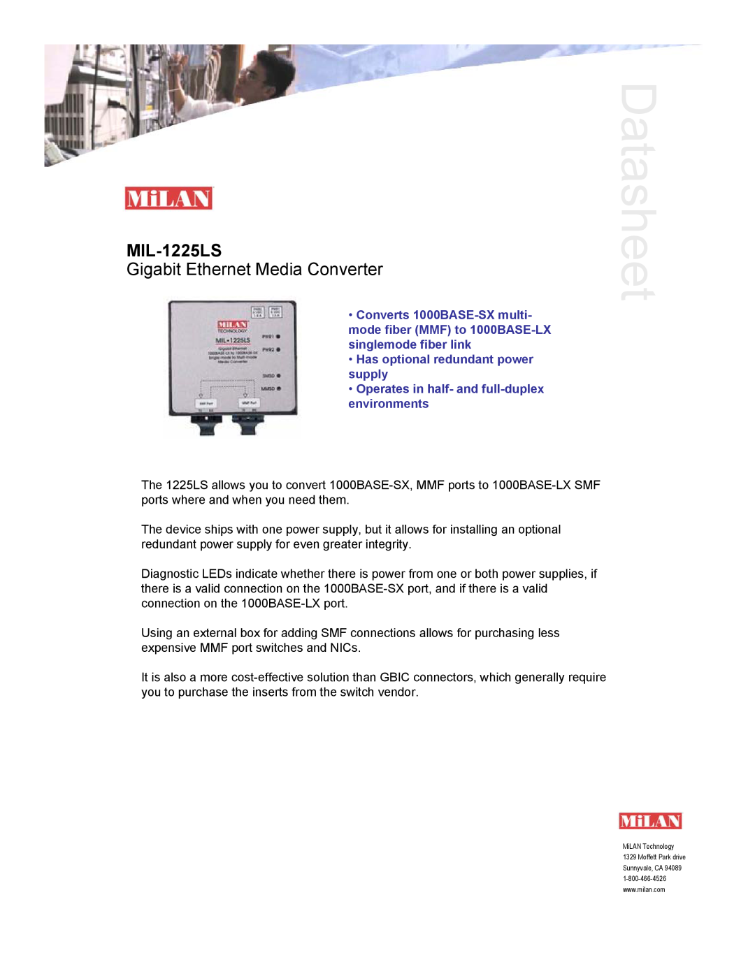 Milan Technology MIL-1225LS manual Datasheet, Gigabit Ethernet Media Converter, Has optional redundant power supply 