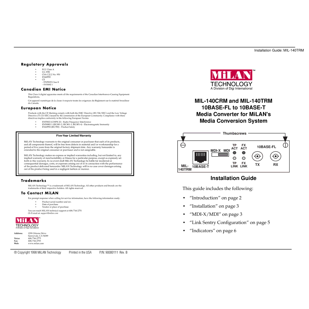 Milan Technology MIL-140TRM warranty Installation Guide, Canadian EMI Notice 