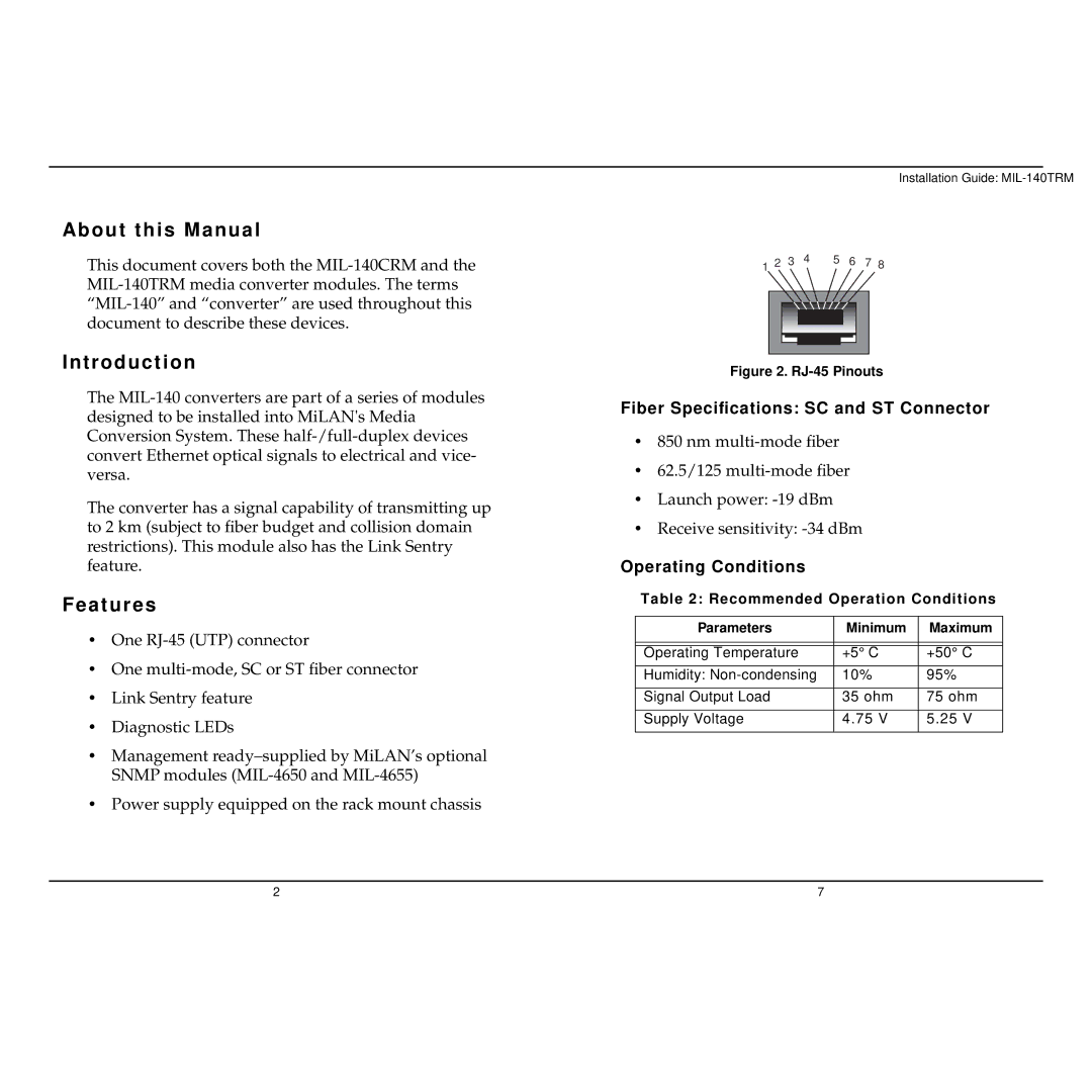 Milan Technology MIL-140TRM warranty About this Manual, Introduction, Features, Fiber Speciﬁcations SC and ST Connector 