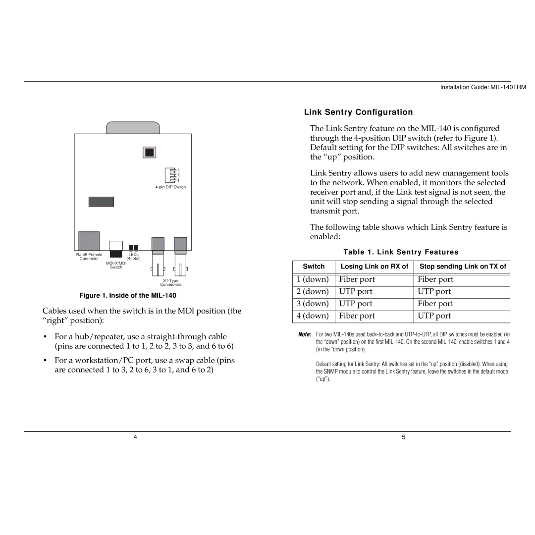 Milan Technology MIL-140TRM warranty Link Sentry Conﬁguration, Down Fiber port UTP port 