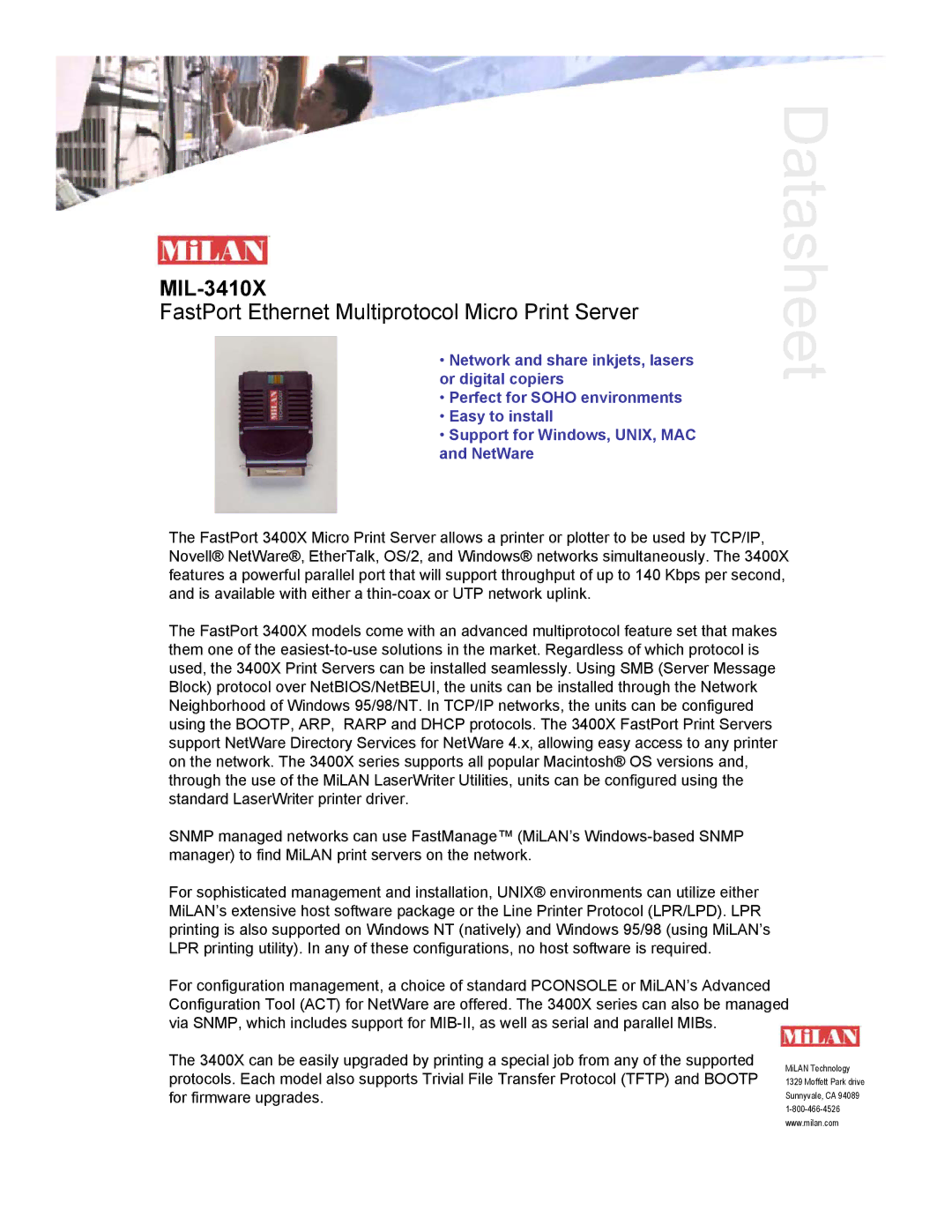 Milan Technology MIL-3410X manual Datasheet 