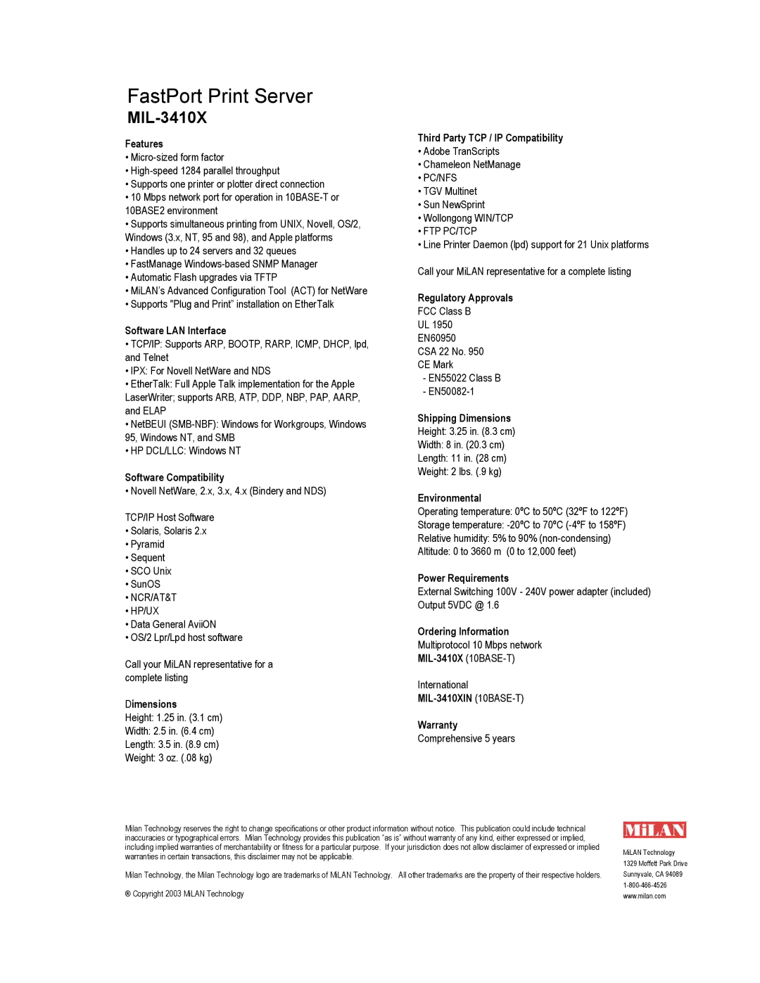 Milan Technology MIL-3410X Features, Software LAN Interface, Software Compatibility, Dimensions, Regulatory Approvals 