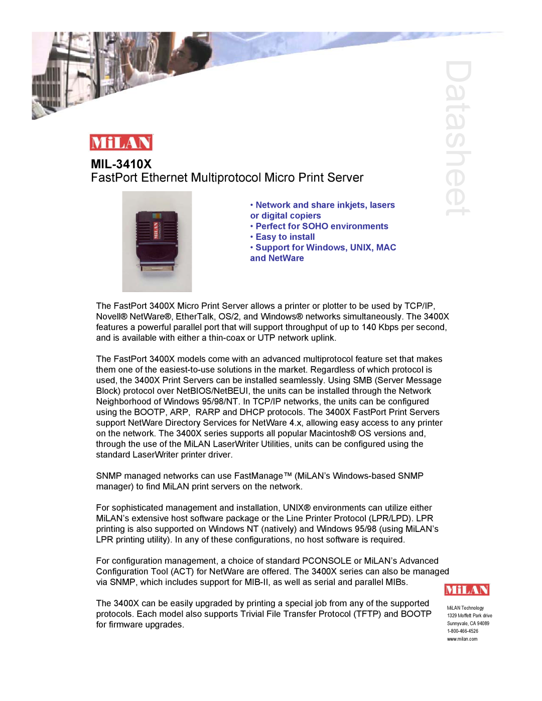 Milan Technology MIL-3410X manual Datasheet, FastPort Ethernet Multiprotocol Micro Print Server 
