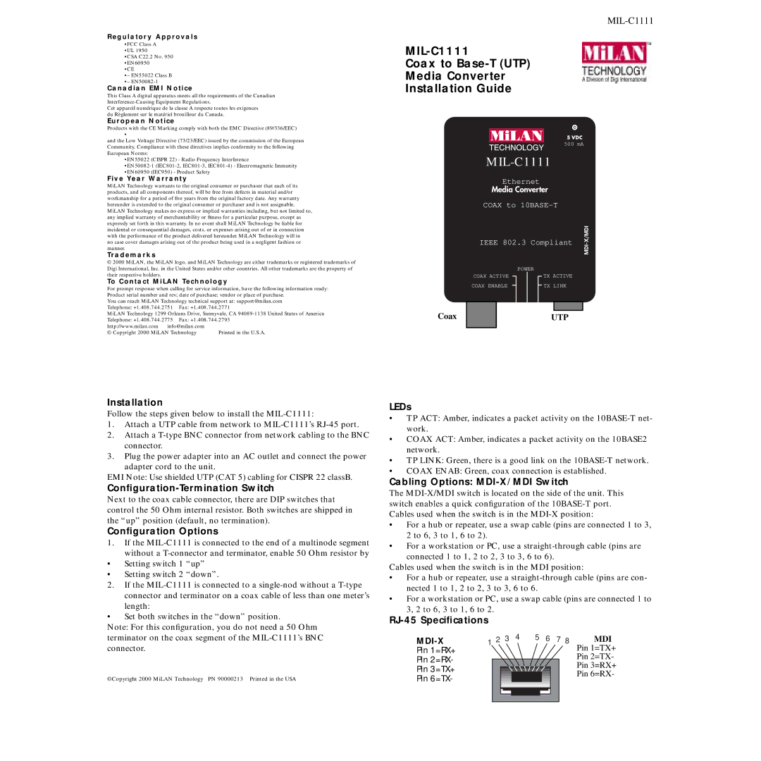 Milan Technology MIL-C1111 specifications Installation, Conﬁguration-Termination Switch, Conﬁguration Options, LEDs 