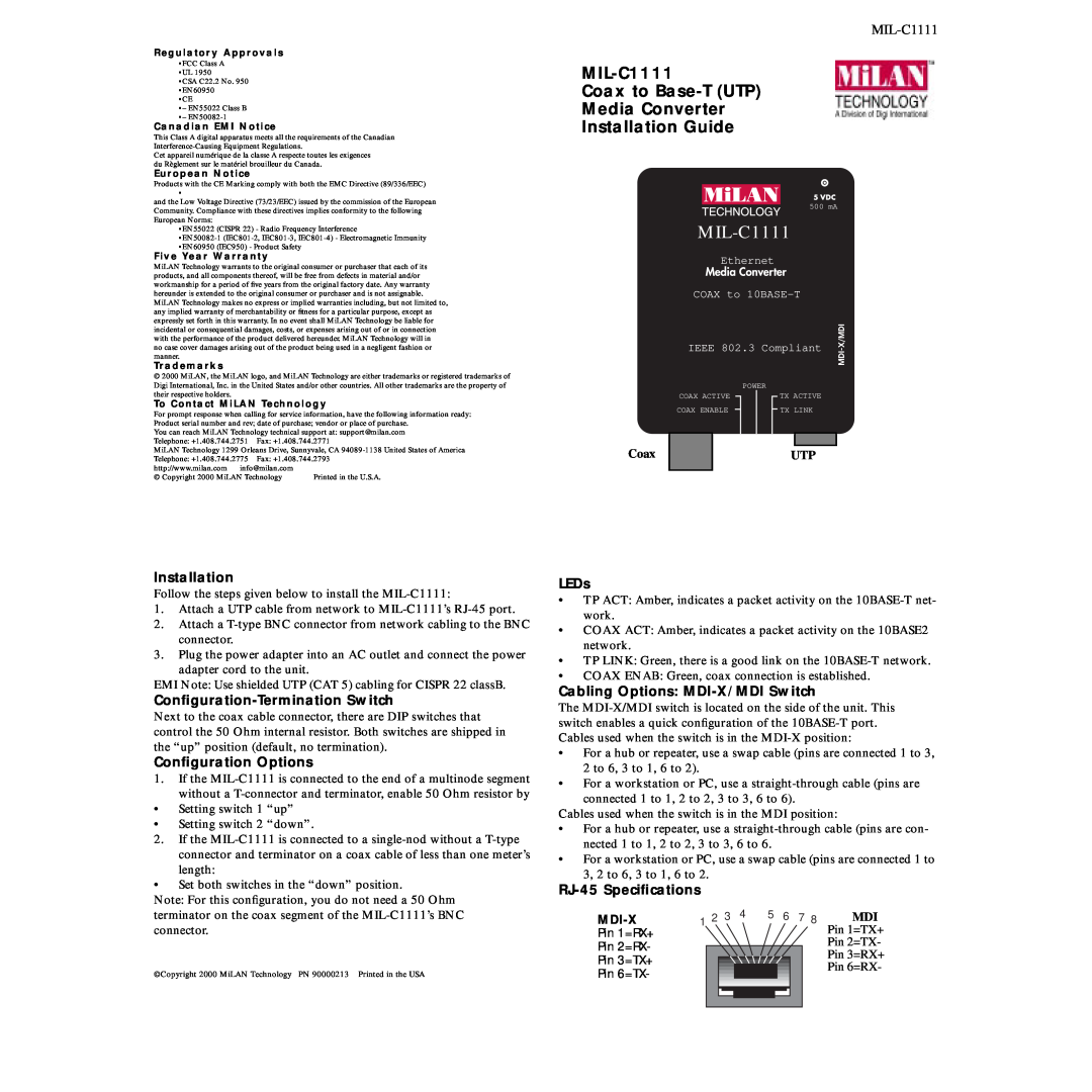 Milan Technology specifications MIL-C1111 Coax to Base-T UTP Media Converter Installation Guide, Conﬁguration Options 