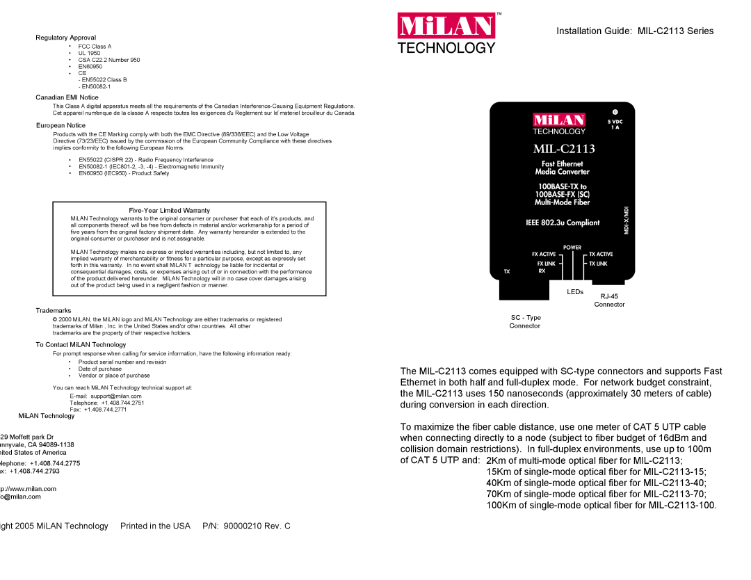 Milan Technology MIL-C2113 manual Regulatory Approval, Canadian EMI Notice, European Notice, Five-Year Limited Warranty 