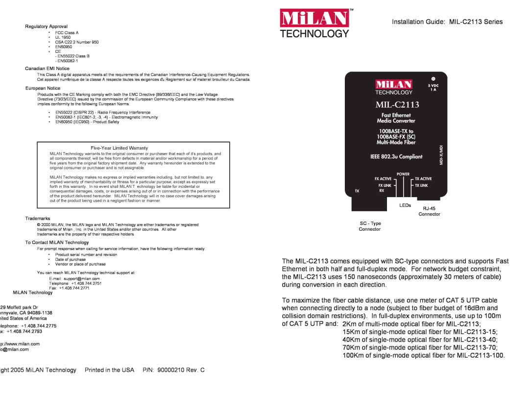 Milan Technology manual Installation Guide MIL-C2113 Series 
