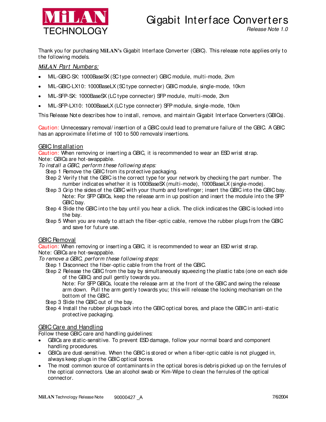 Milan Technology MIL-SFP-LX10 manual Gigabit Interface Converters, MiLAN Part Numbers, Gbic Installation, Gbic Removal 