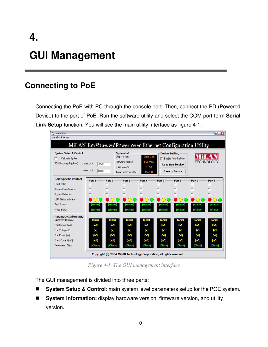 Milan Technology MIL-L800i manual GUI Management, Connecting to PoE 