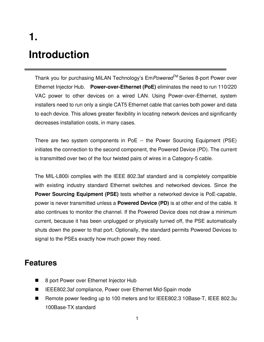 Milan Technology MIL-L800i manual Introduction, Features 