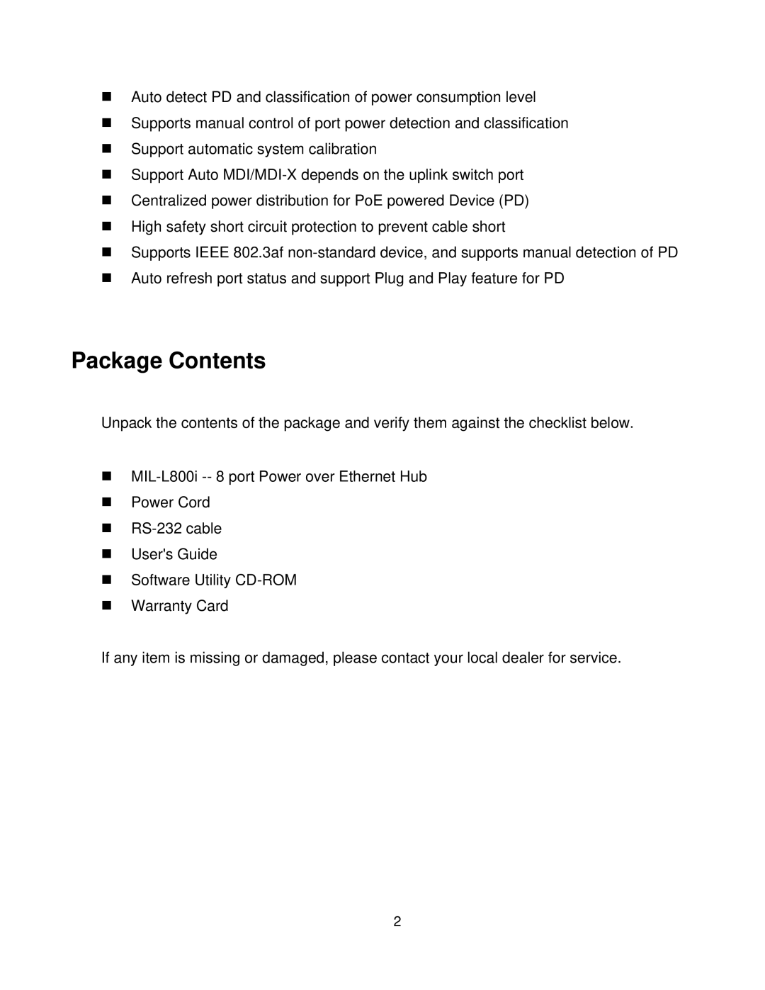 Milan Technology MIL-L800i manual Package Contents 