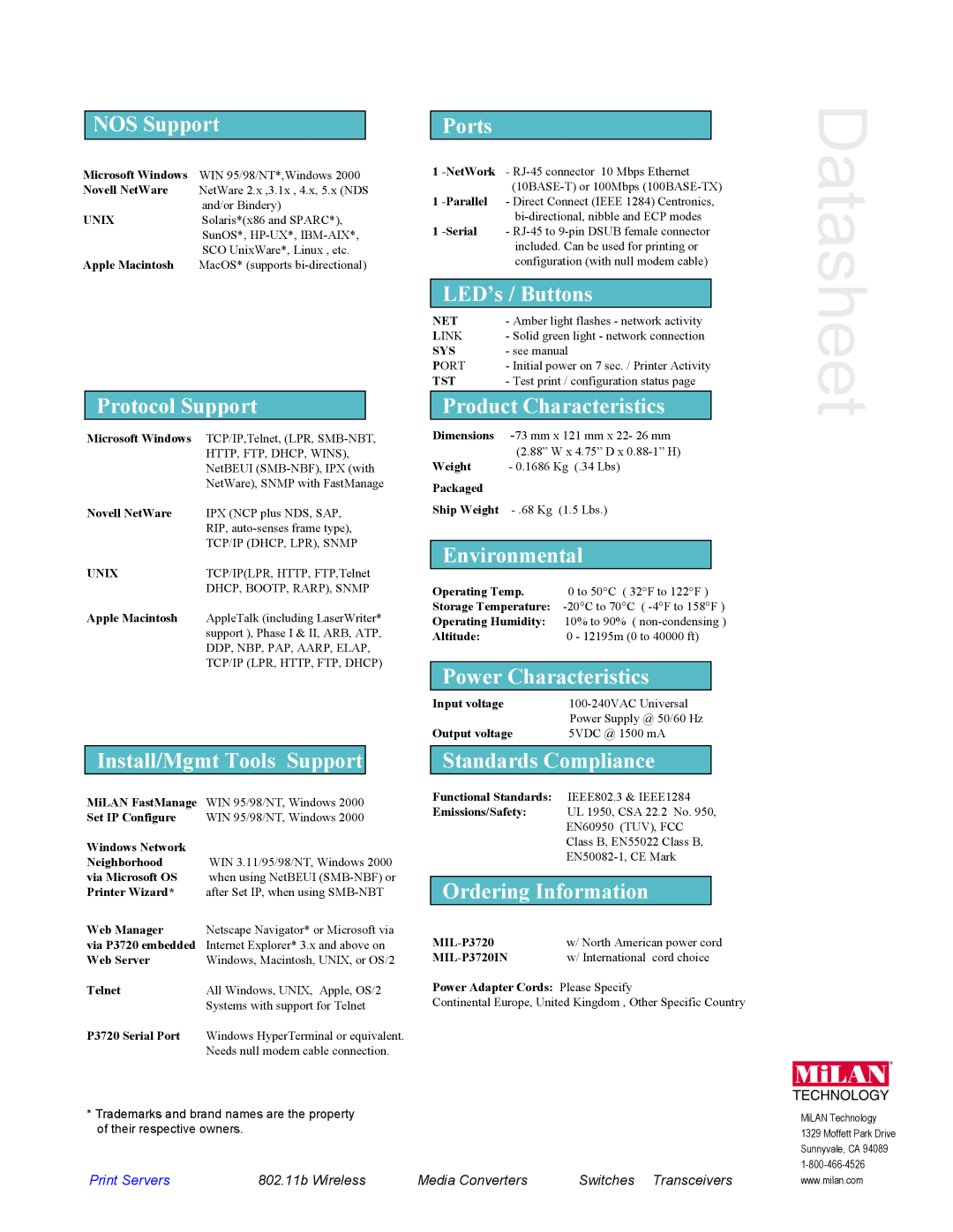 Milan Technology MIL-P3720 warranty NOS Support, Protocol Support, Install/Mgmt Tools Support, Ports, LED’s / Buttons 