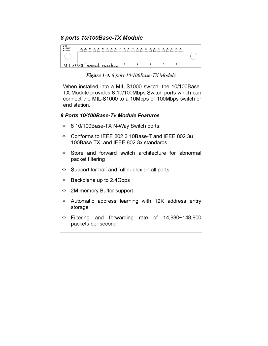 Milan Technology MIL-S1000 user manual Ports 10/100Base-TX Module, Ports 10/100Base-Tx Module Features 