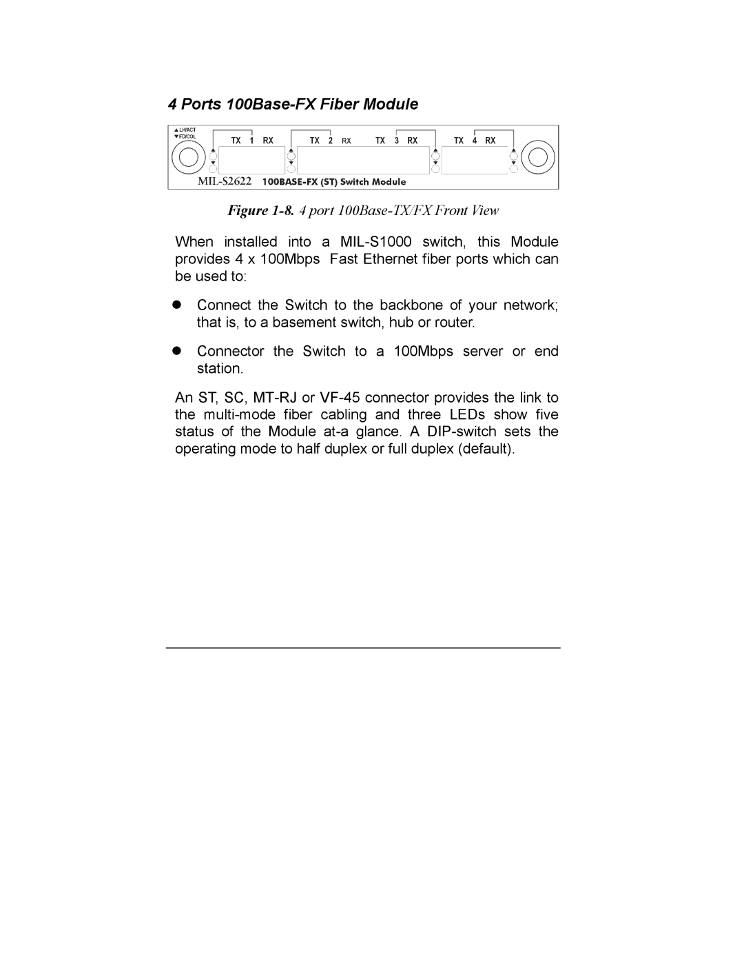 Milan Technology MIL-S1000 user manual port 100Base-TX/FX Front View 