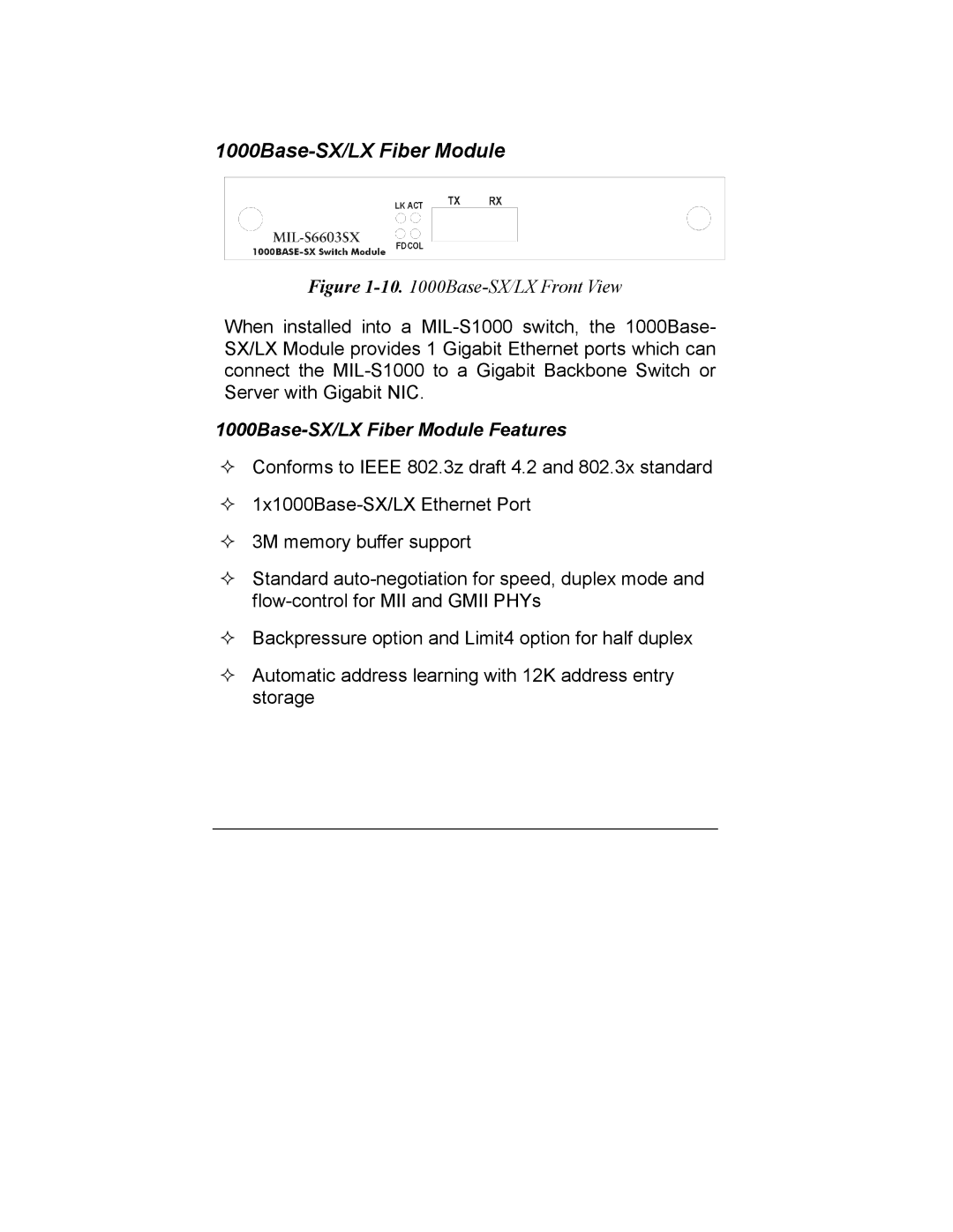 Milan Technology MIL-S1000 user manual 1000Base-SX/LX Fiber Module Features 