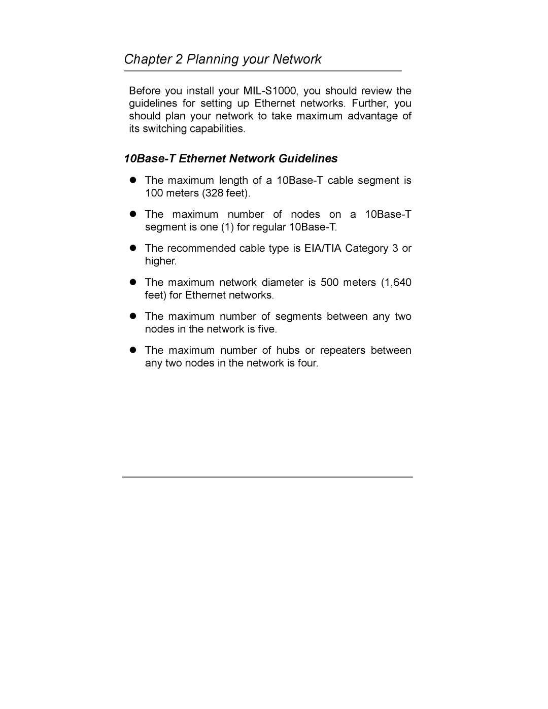 Milan Technology MIL-S1000 user manual Planning your Network, 10Base-T Ethernet Network Guidelines 