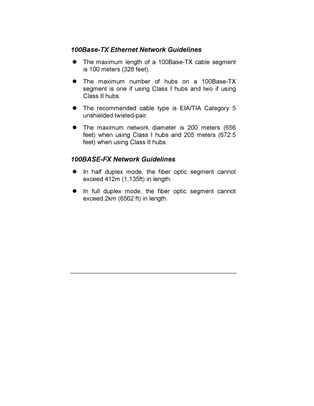 Milan Technology MIL-S1000 user manual 100Base-TX Ethernet Network Guidelines, 100BASE-FX Network Guidelines 