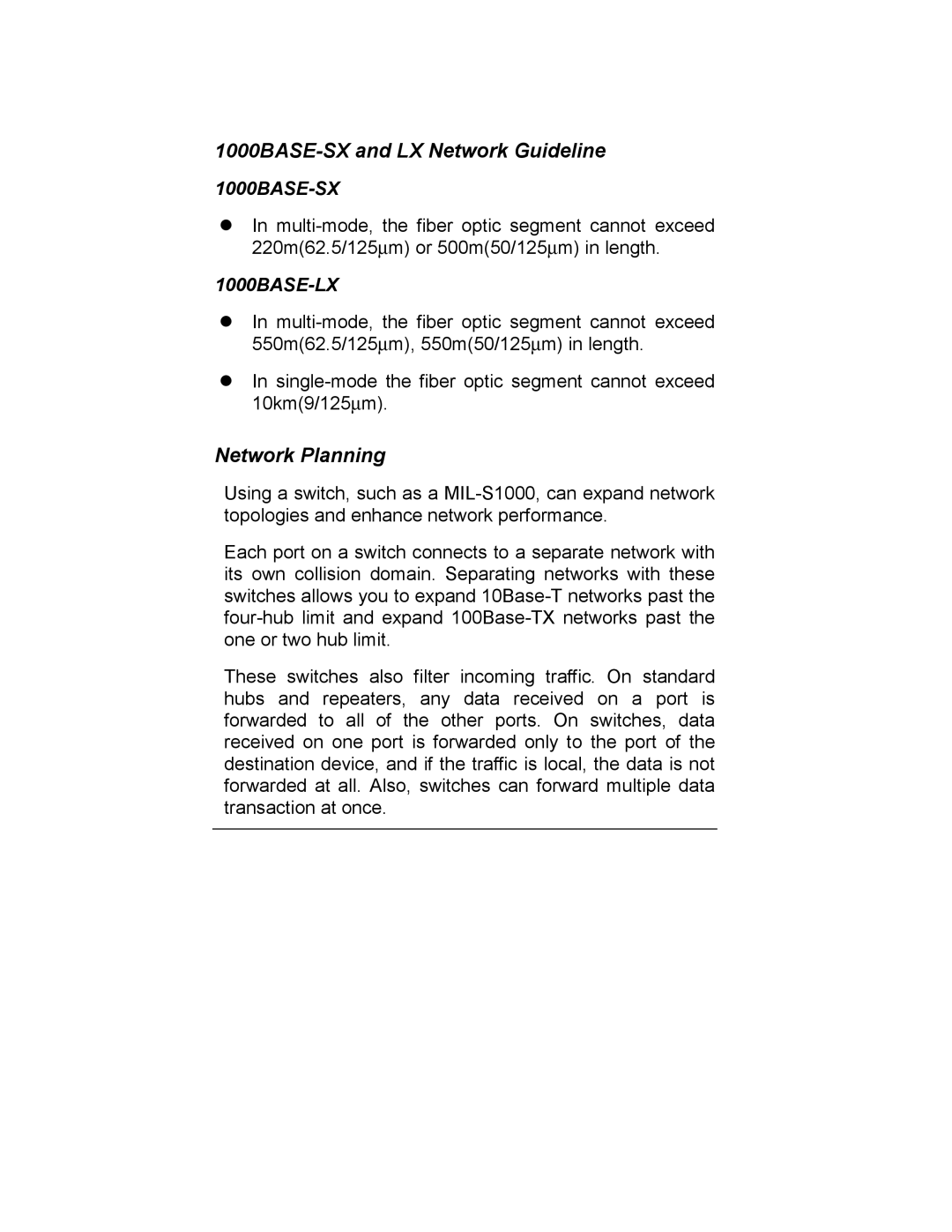 Milan Technology MIL-S1000 user manual 1000BASE-SX and LX Network Guideline, Network Planning 