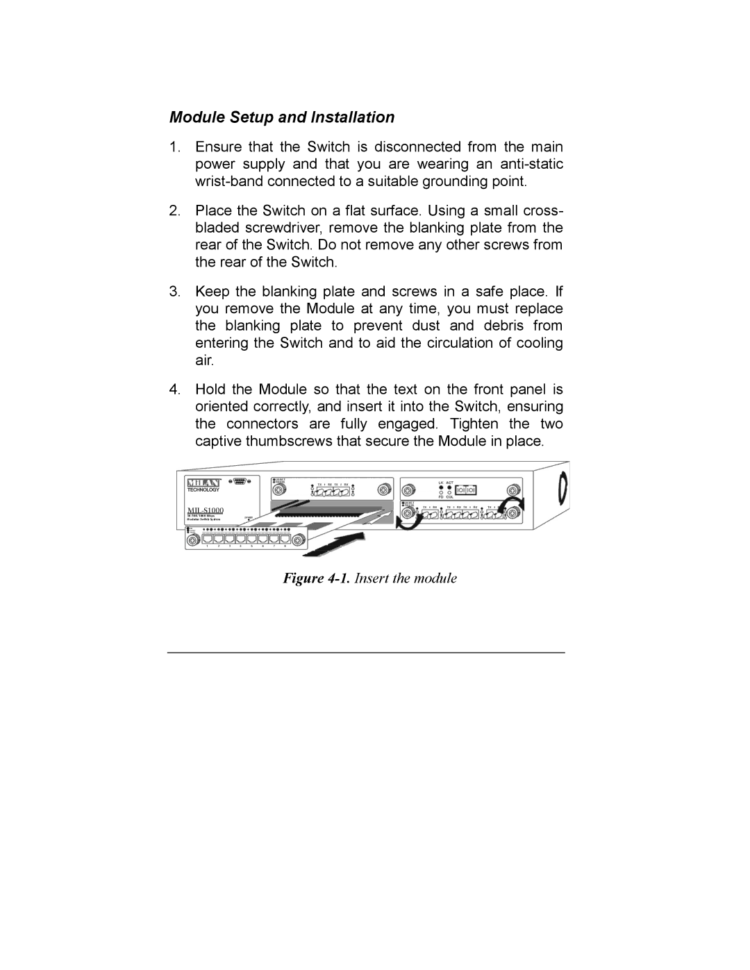 Milan Technology MIL-S1000 user manual Module Setup and Installation, Insert the module 