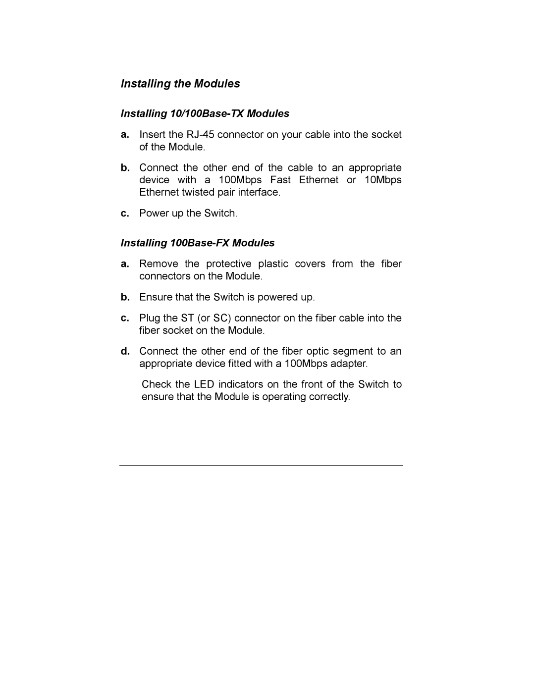 Milan Technology MIL-S1000 Installing the Modules, Installing 10/100Base-TX Modules, Installing 100Base-FX Modules 