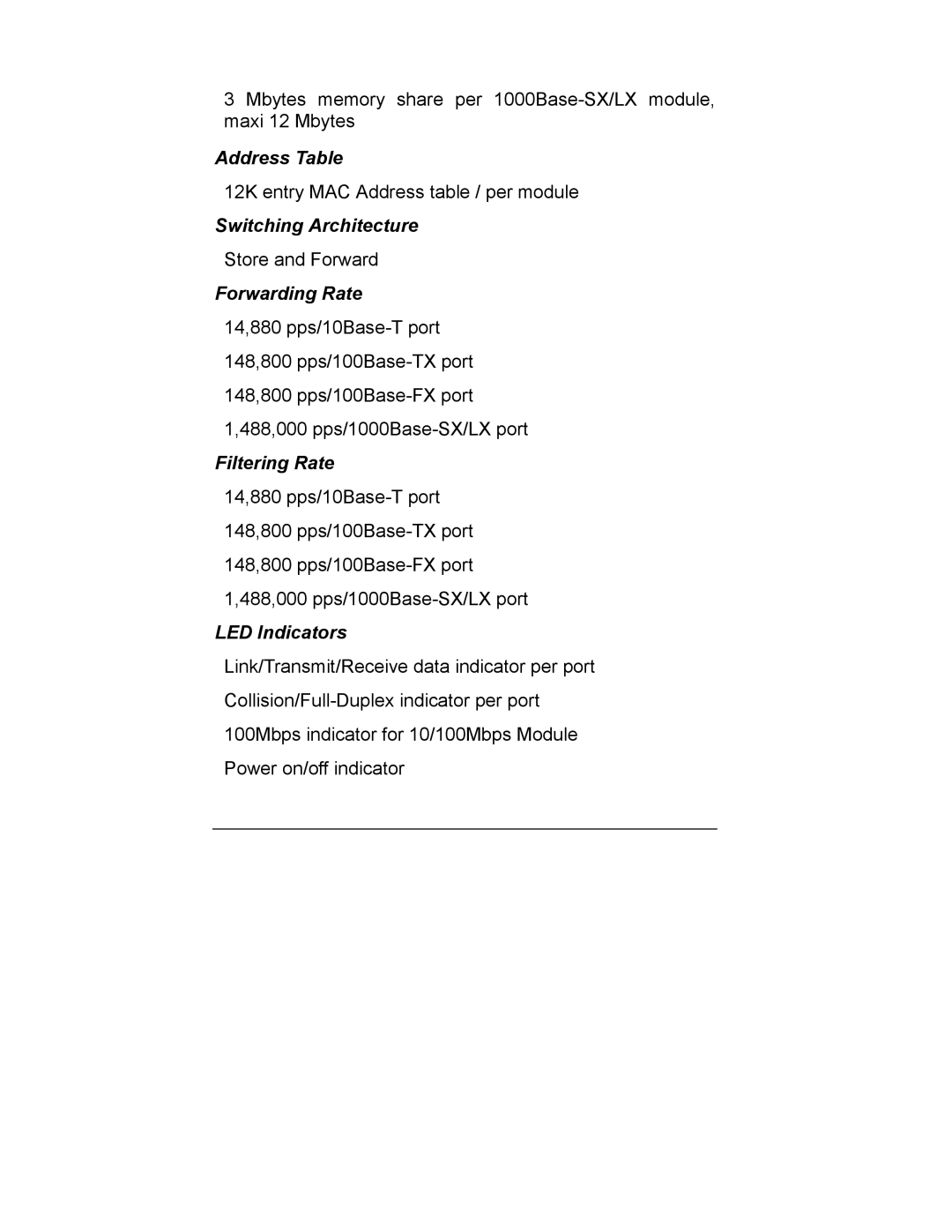 Milan Technology MIL-S1000 Address Table, Switching Architecture, Forwarding Rate, Filtering Rate, LED Indicators 