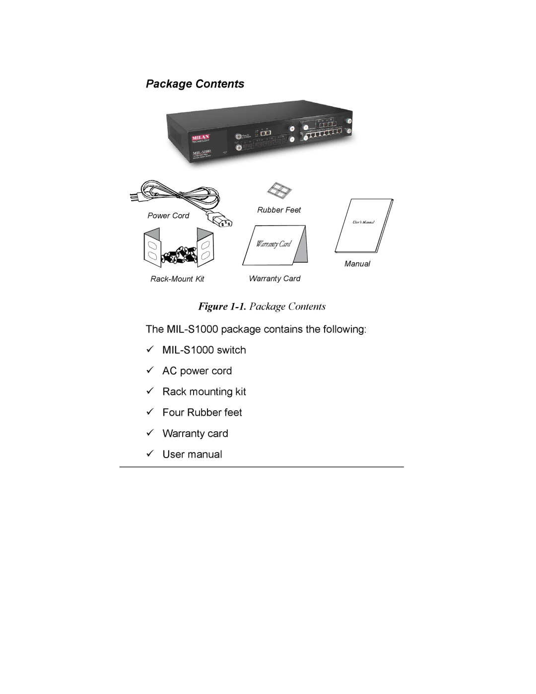 Milan Technology MIL-S1000 user manual Package Contents 