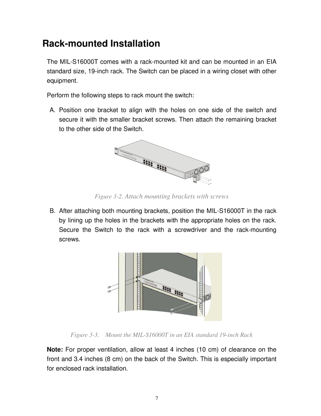 Milan Technology MIL-S16000T manual Rack-mounted Installation, Attach mounting brackets with screws 